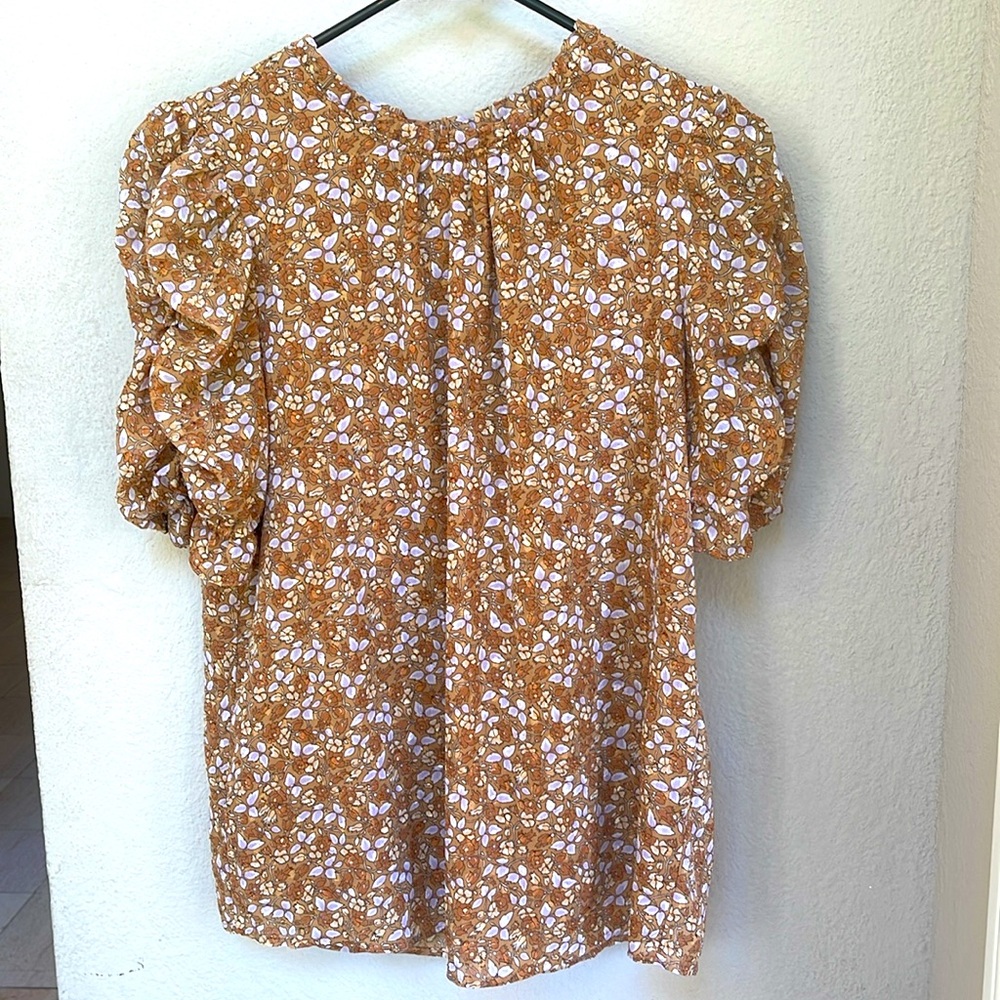 Rachel Zoe Floral Blouse Medium Puff Sleeve Pleated Mock Neck